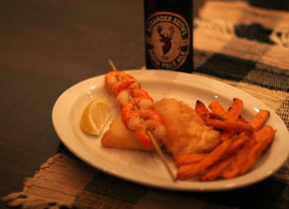 Beer-Battered Fish Filets with Garlic Prawns